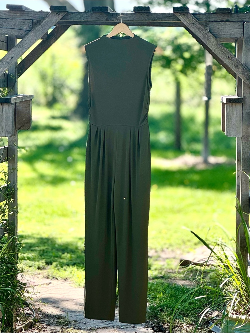 PrettyGarden Olive Green Ribbed Wide Leg Jumpsuit Sleeveless Fall Layering M